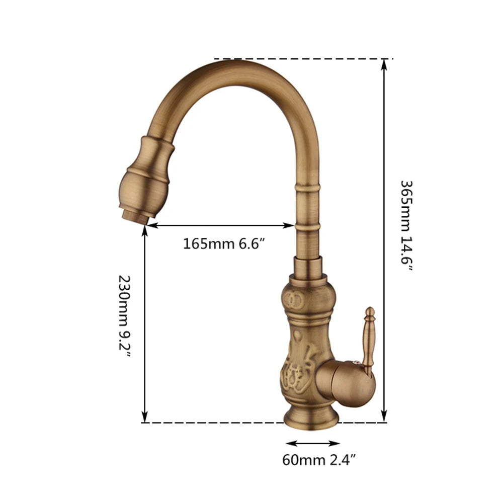 Antique Brass Kitchen Sink Faucet with Pull-Down Sprayer – Hot & Cold, Single Handle