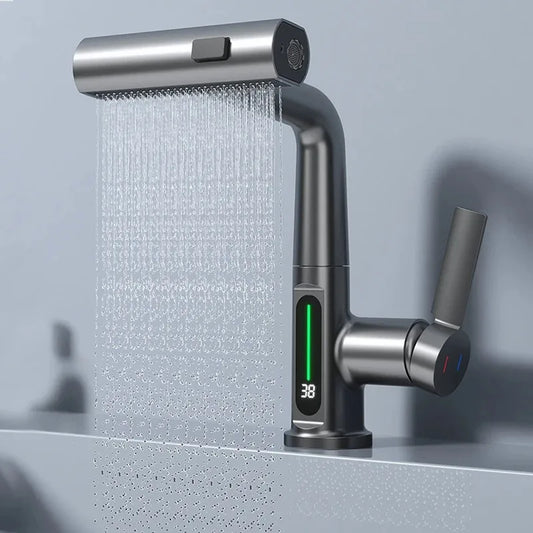 Waterfall Bathroom Basin Faucet with Digital Temperature Display