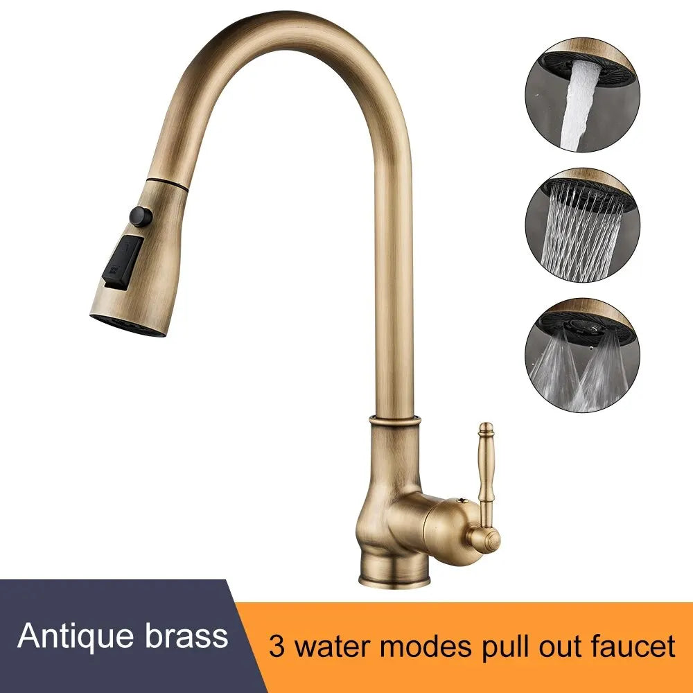 Antique Bronze Pull-Out Kitchen Faucet Hot Cold Mixer Tap