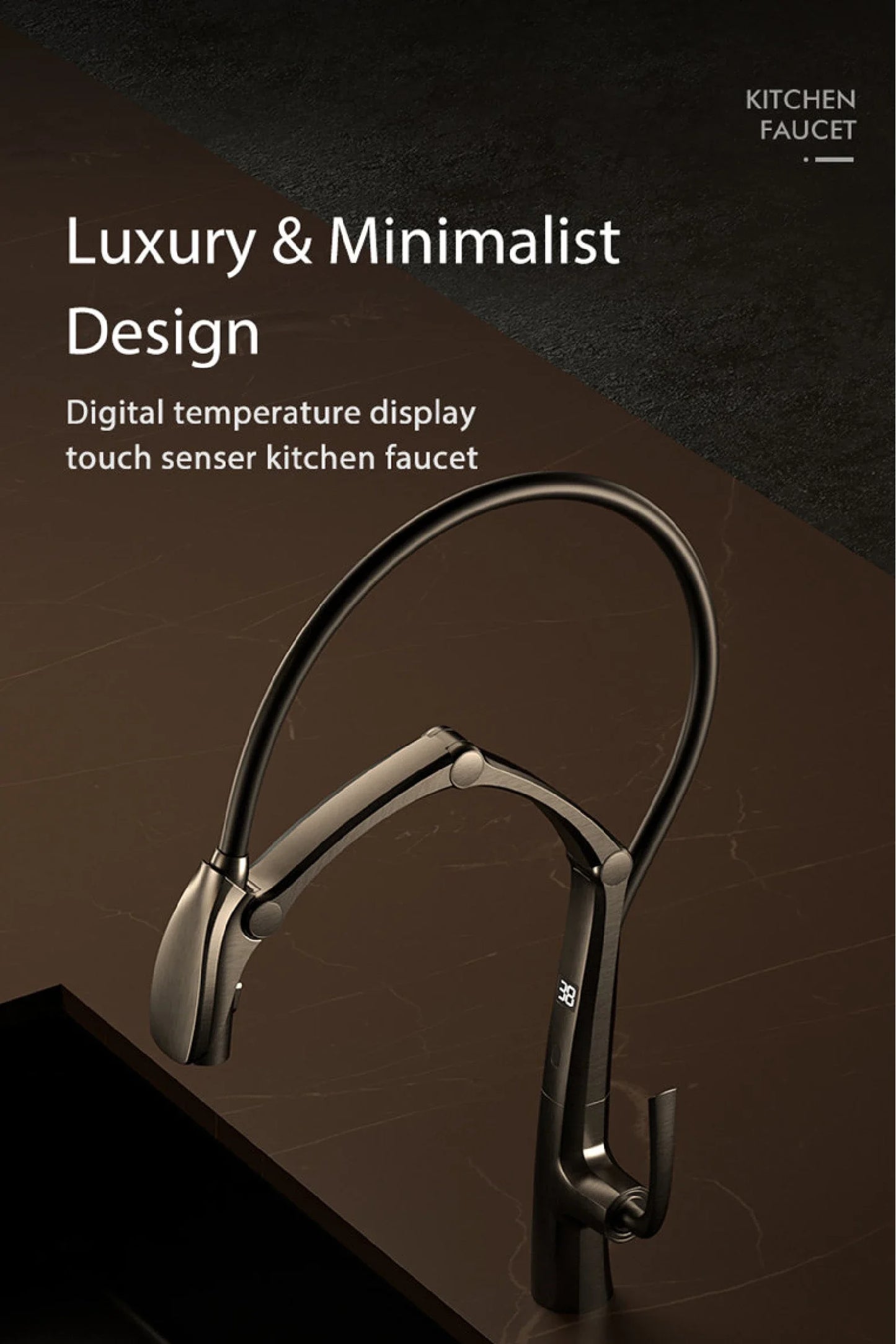 Luxury Gun Gray Brass Kitchen Faucet – Digital Touchless Pull-Out Mixer