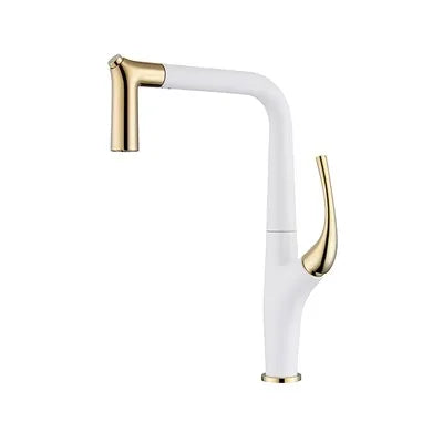 White kitchen faucet with gold accents on a white background