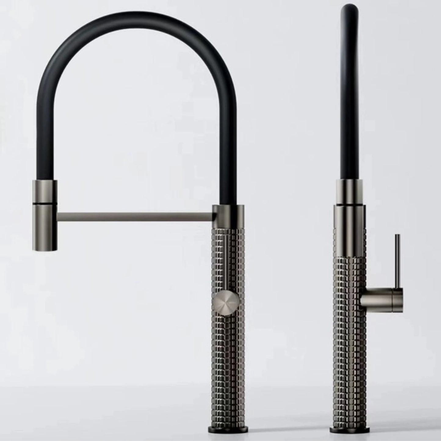 Modern kitchen faucet with black and silver design on a light gray background