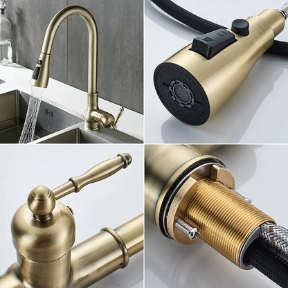 Antique Bronze Pull-Out Kitchen Faucet Hot Cold Mixer Tap