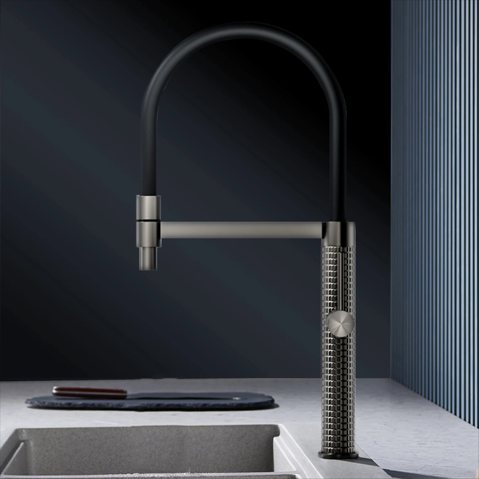 Modern kitchen faucet with a dark background