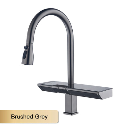 Luxury digital display brass grey kitchen faucet pull-out design waterfall water outlet single handle Cold & Hot 2 control Tap