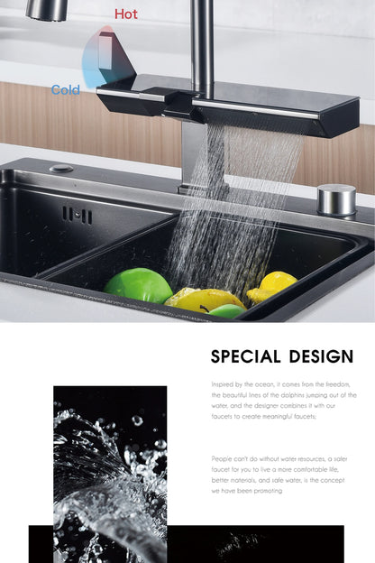 Luxury digital display brass grey kitchen faucet pull-out design waterfall water outlet single handle Cold & Hot 2 control Tap