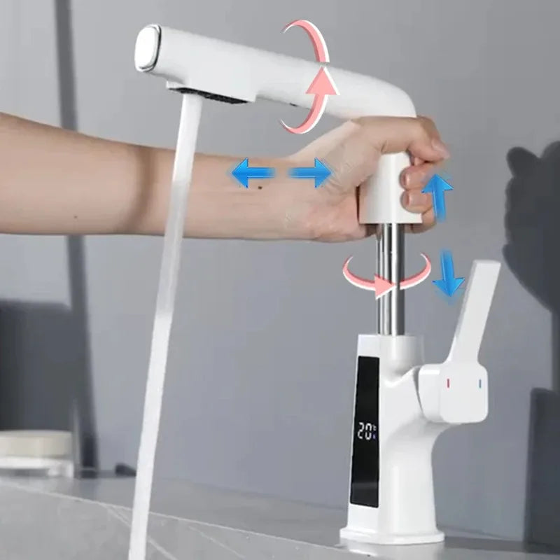 White kitchen faucet with digital display being turned by a hand, with arrows indicating movement.