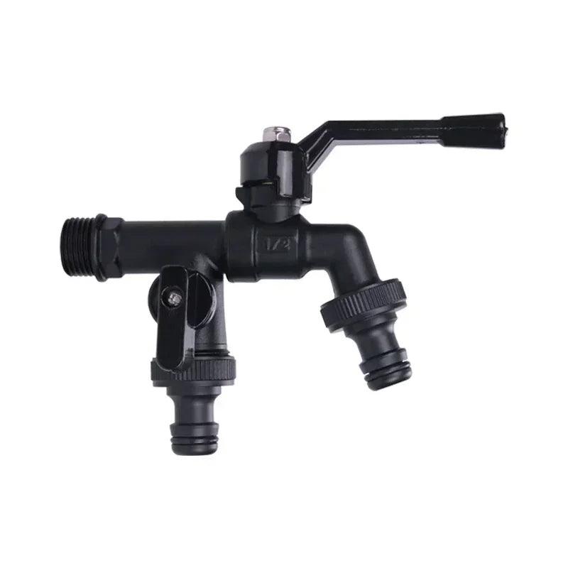 Black plastic faucet with three outlets on a white background
