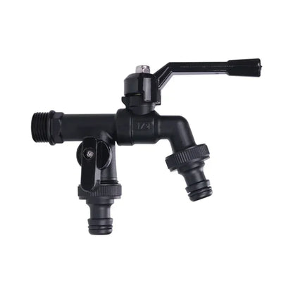 Black plastic faucet with three outlets on a white background