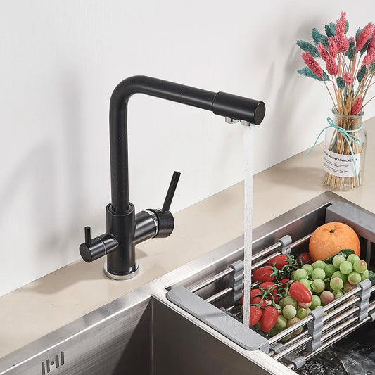 Matte Black 3-Way Kitchen Faucet Hot Cold Water Mixer Tap