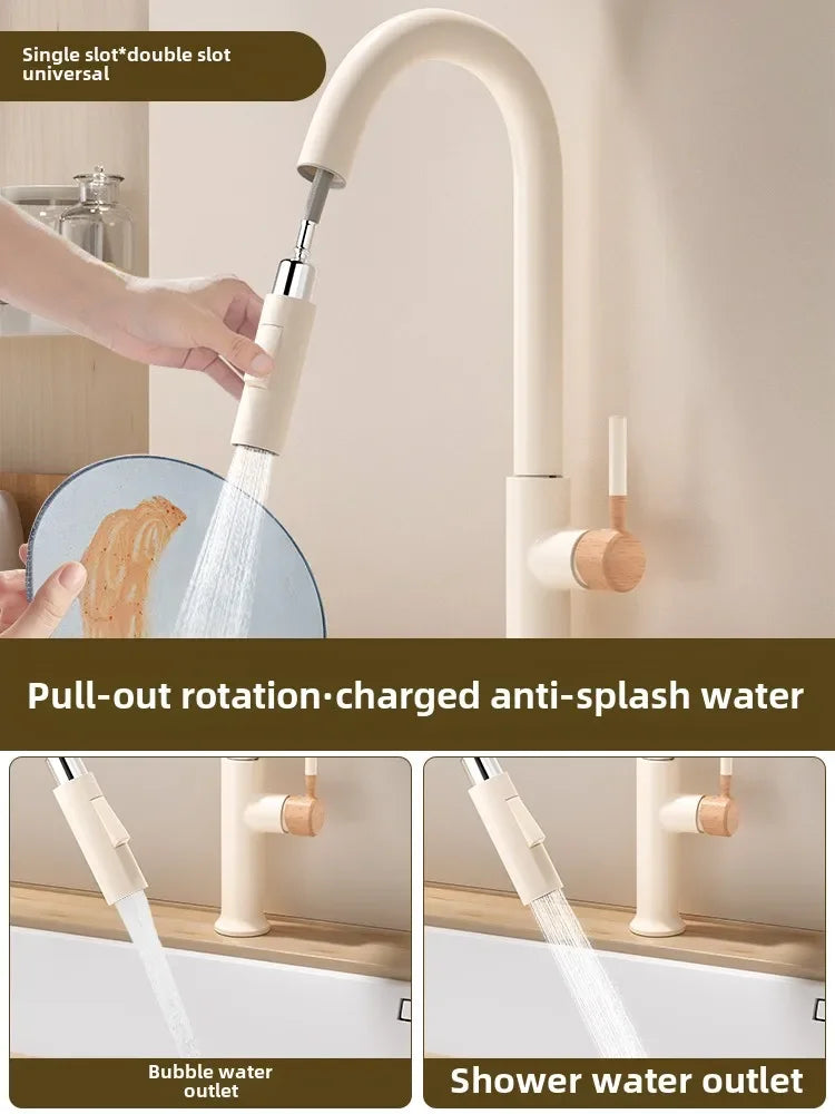 Cream Pull Out Kitchen Faucet Hot Cold Rotating Mixer Tap