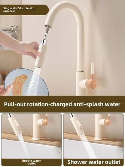 Cream Pull Out Kitchen Faucet Hot Cold Rotating Mixer Tap