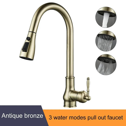 Antique Bronze Pull-Out Kitchen Faucet Hot Cold Mixer Tap