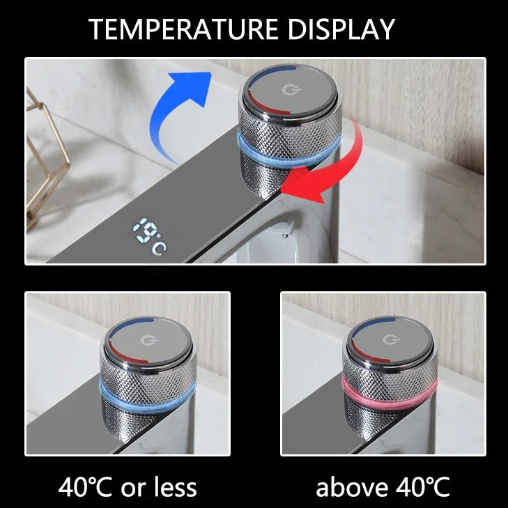 Temperature display on a faucet with digital readout and color-coded indicators.