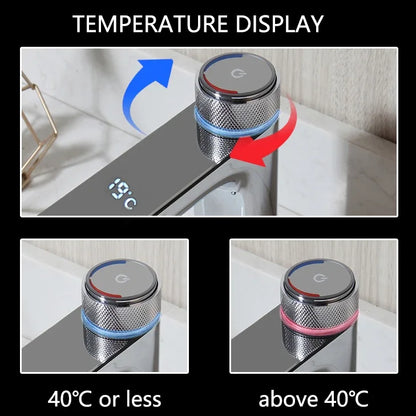 Temperature display on a faucet with digital readout and color-coded indicators.