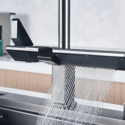 Luxury digital display brass grey kitchen faucet pull-out design waterfall water outlet single handle Cold & Hot 2 control Tap