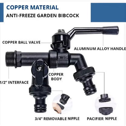 Outdoor Brass Garden Faucet – Anti-Freeze Bibcock with Dual Hose Connector