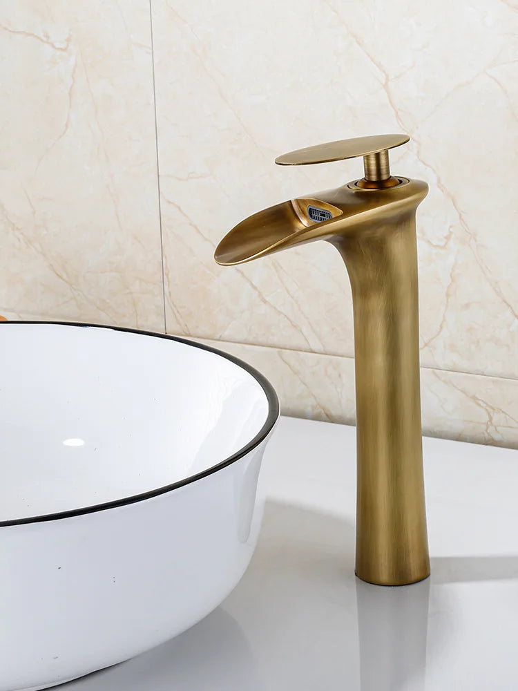 Antique Brass Waterfall Bathroom Faucet – Single Handle Basin Mixer Tap