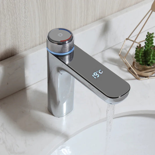 OUBONI Black Digital Display Basin Faucet – Hot & Cold Mixer, Modern Chrome Design