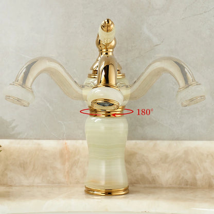 Luxury Brass and Jade Bathroom Faucet - Gold Sink Mixer Tap for Basin, Anti-Leak Ceramic Cartridge, Easy Install, Shiny Finish