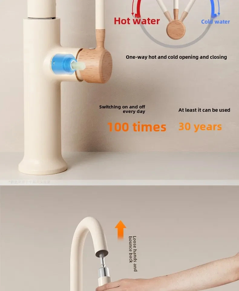 Cream Pull Out Kitchen Faucet Hot Cold Rotating Mixer Tap