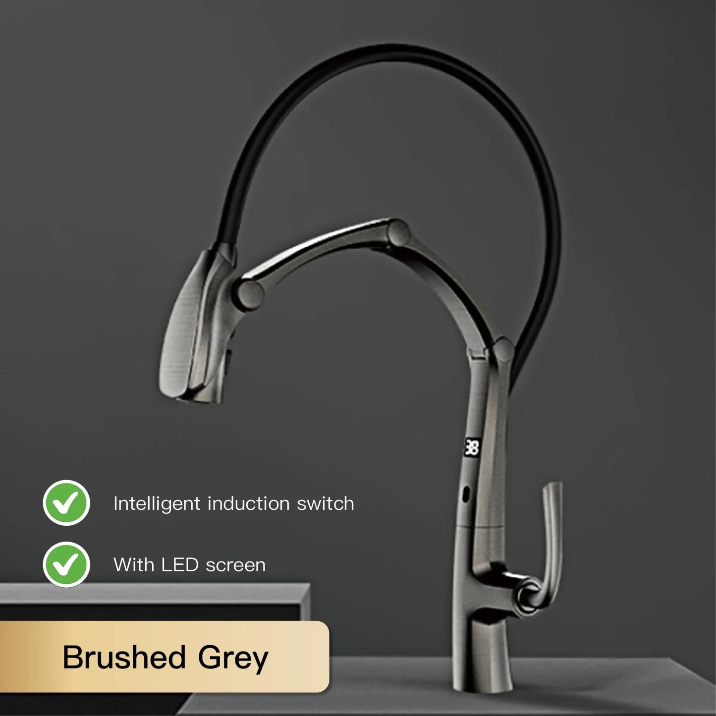 Luxury Gun Gray Brass Kitchen Faucet – Digital Touchless Pull-Out Mixer