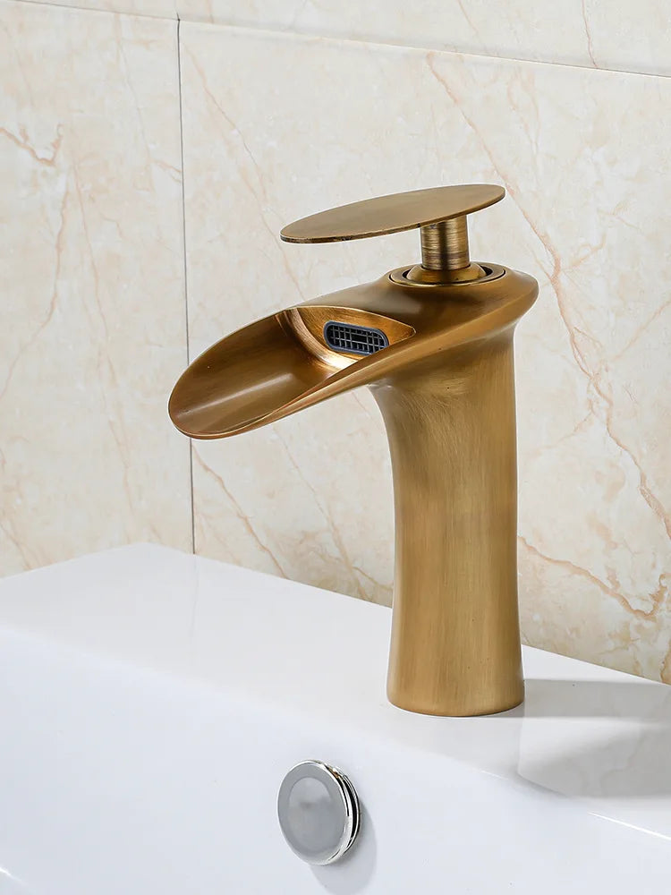 Antique Brass Waterfall Bathroom Faucet – Single Handle Basin Mixer Tap