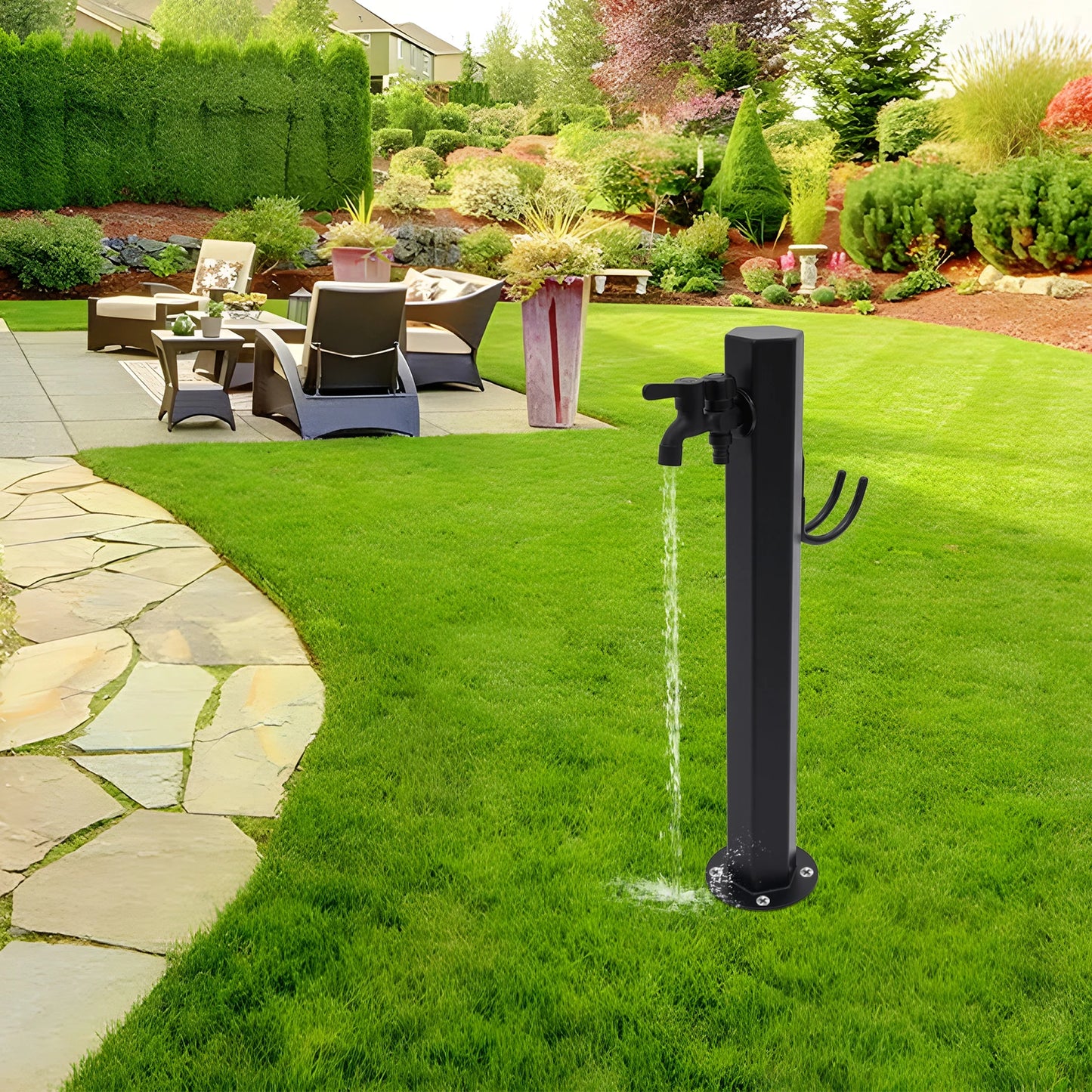 Hexagonal Outdoor Column Faucet 304 Steel Dual Outlet Floor Mount