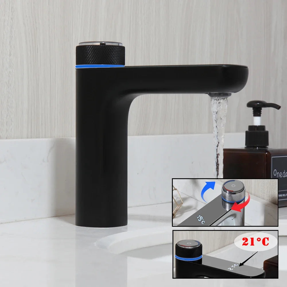 Black faucet with water flowing, inset showing temperature display.