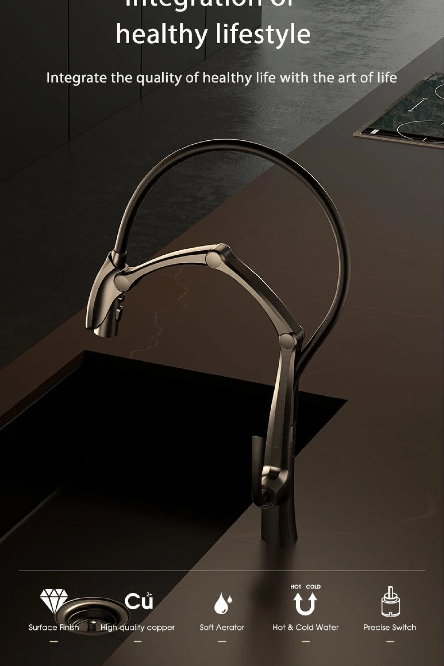 Luxury Gun Gray Brass Kitchen Faucet – Digital Touchless Pull-Out Mixer