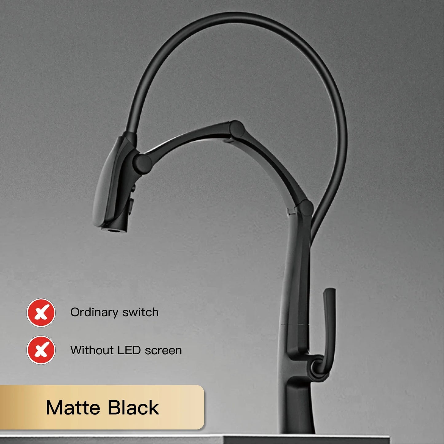 Black adjustable desk lamp on a gray background with text indicating features and color.