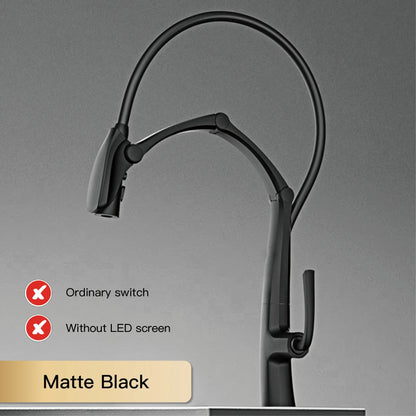 Black adjustable desk lamp on a gray background with text indicating features and color.