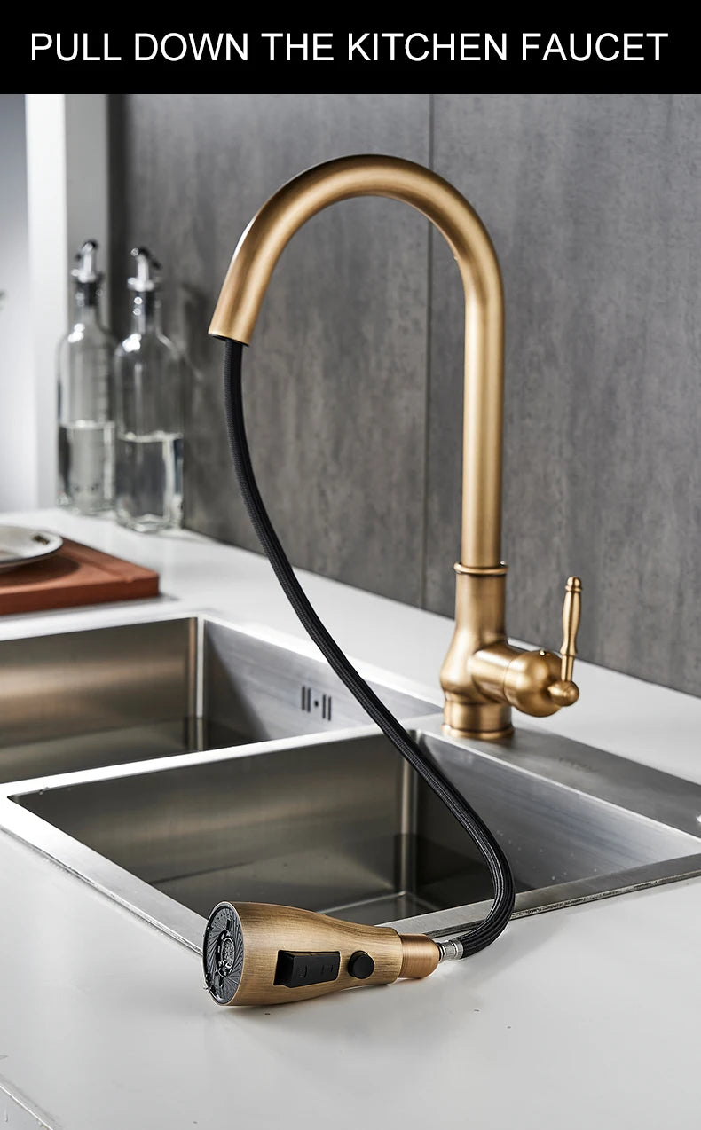 Antique Bronze Pull-Out Kitchen Faucet Hot Cold Mixer Tap