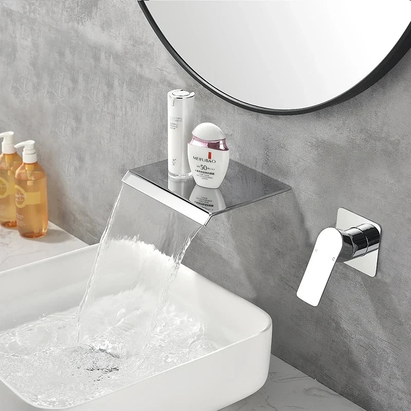 Bathroom sink with running water, skincare products, and a mirror.