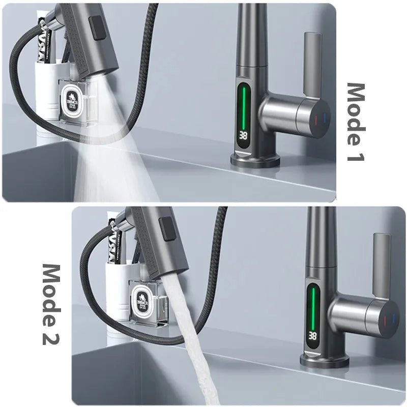 Waterfall Bathroom Basin Faucet with Digital Temperature Display