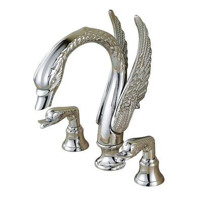 Decorative silver faucet with swan design on a white background
