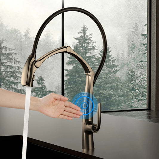 Luxury Gun Gray Brass Kitchen Faucet – Digital Touchless Pull-Out Mixer