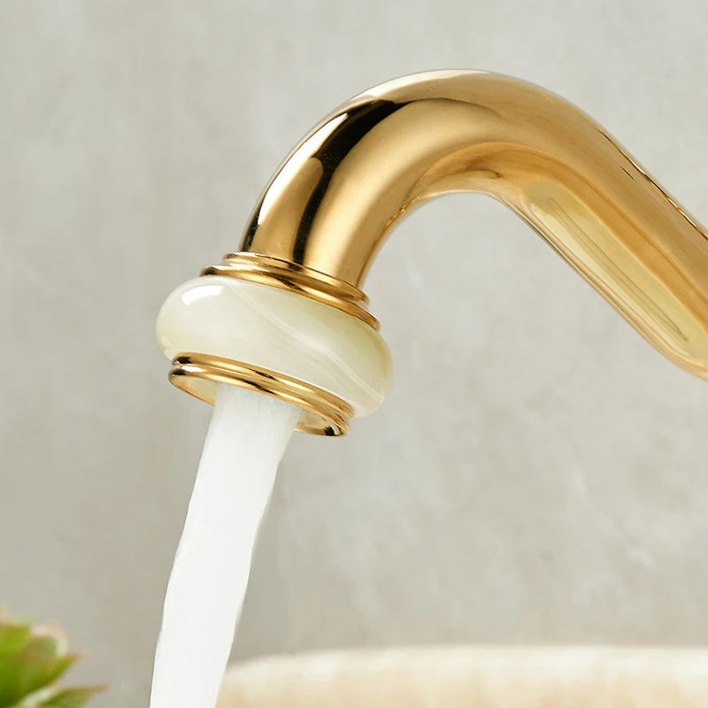 Luxury Brass and Jade Bathroom Faucet - Gold Sink Mixer Tap for Basin, Anti-Leak Ceramic Cartridge, Easy Install, Shiny Finish