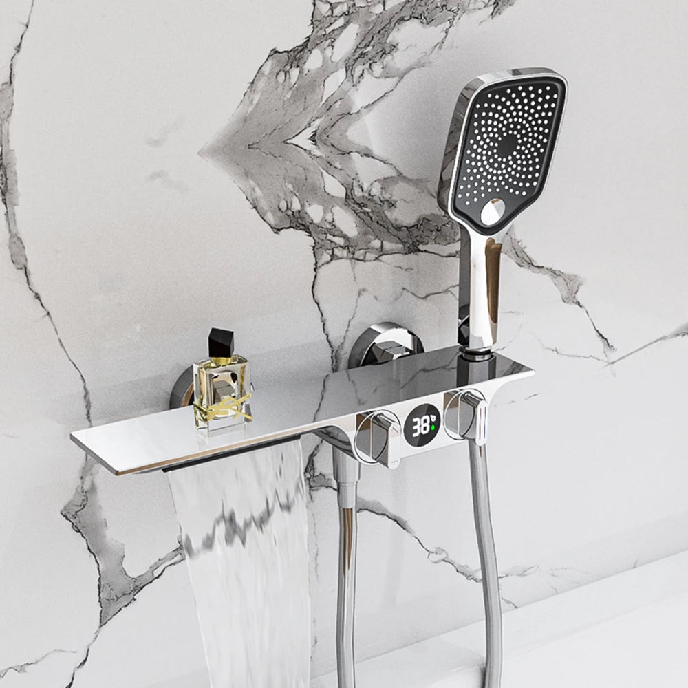 Wall-Mounted Bathtub Faucet with Temperature Display & Waterfall Shelf