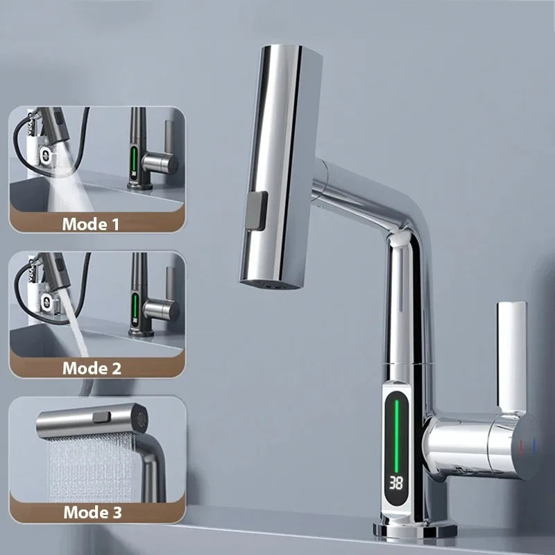 Waterfall Bathroom Basin Faucet with Digital Temperature Display